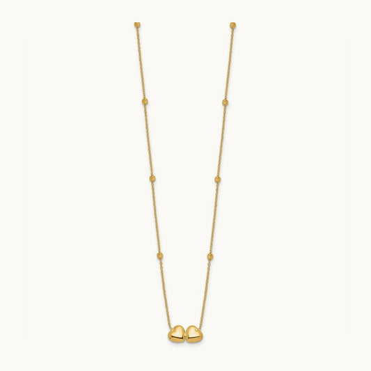 D/C Beaded Double Heart 16in w/2in ext. Necklace, 14K