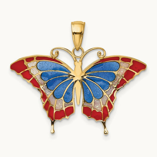 Blue and Red Enameled Butterfly Pendant, 14K