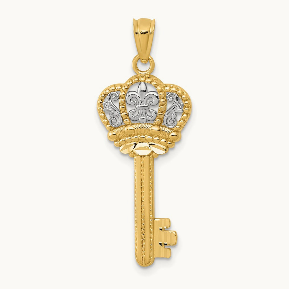 w/White Rhodium Polished Fleur De Lis Crown Key Charm, 14K