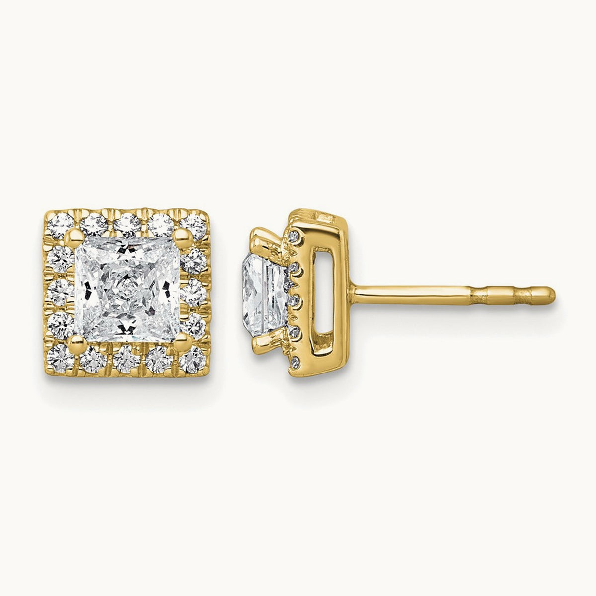 Princess Halo Post Earrings, 0.50-7.50 ct tw Lab-Grown Diamond — 1 1/3 ct, 14K Yellow Gold