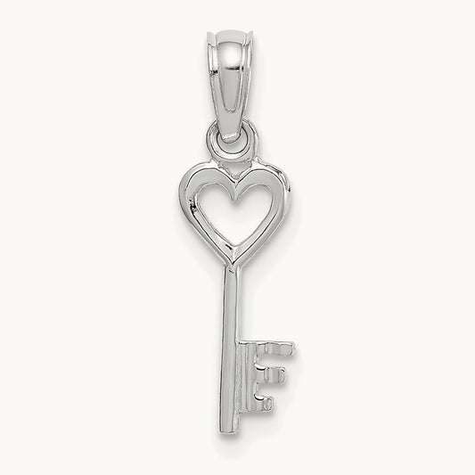 3D Key with Heart Pendant — 14K White Gold
