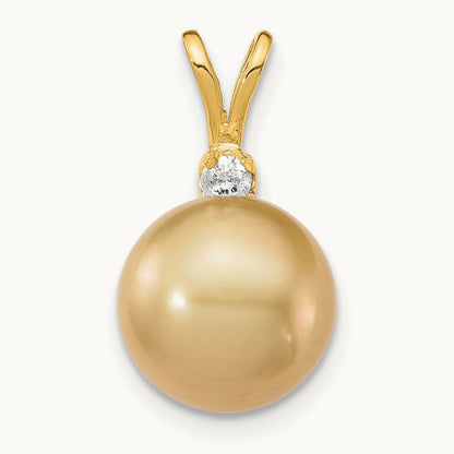 9- Golden Saltwater Cultured South Sea Pearl .05ct Diamond Pendant, 10mm, 14K