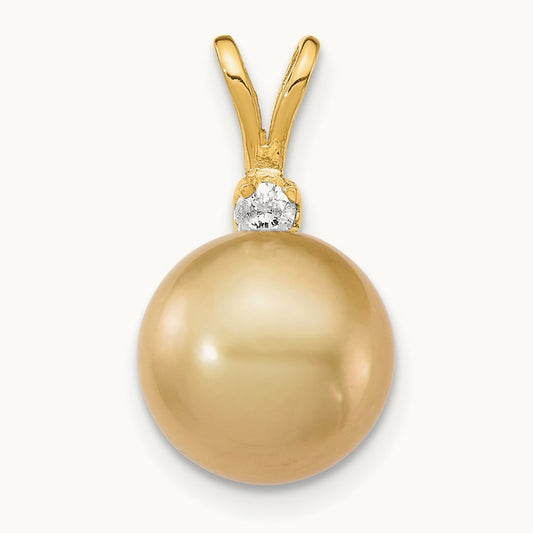 9- Golden Saltwater Cultured South Sea Pearl .05ct Diamond Pendant, 10mm, 14K