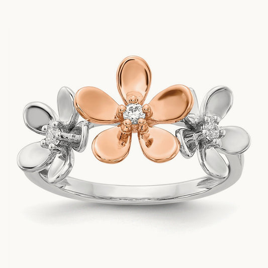 Diamond Flower Ring, 14K Rose with White Gold