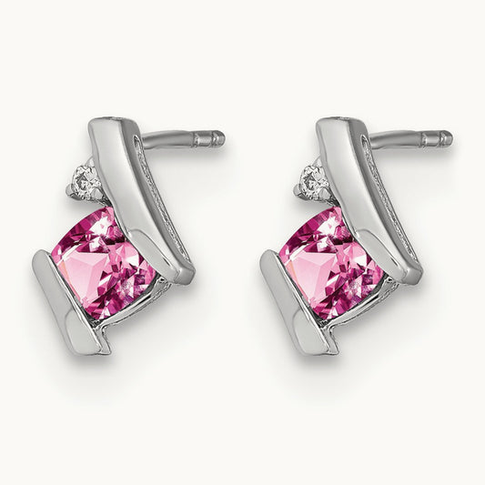 Cushion Cr. Pink Sapphire and Diamond Earrings, 14K White Gold