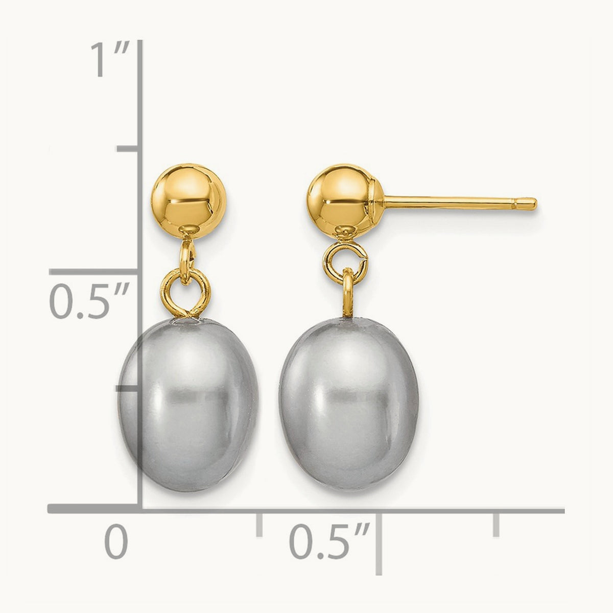7- Grey Rice Freshwater Cultured Pearl Post Dangle Earrings, 8mm, 14K