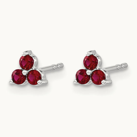 3-stone Created Ruby Triangle Earrings, 14K White Gold
