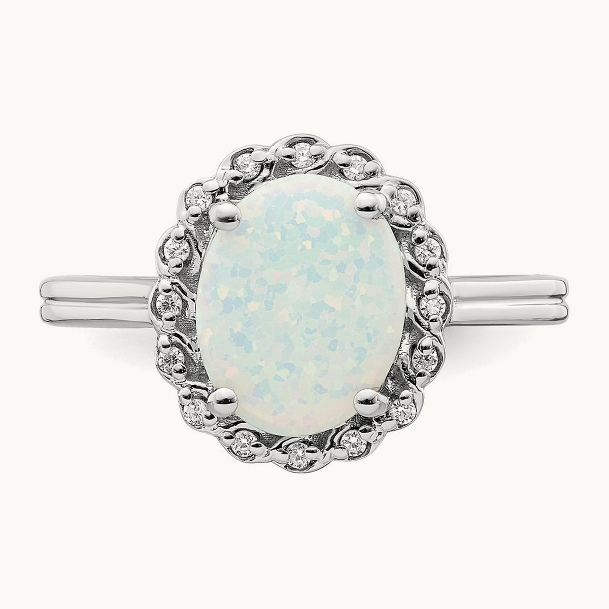 Created Opal and Diamond Halo Ring, 14K White Gold