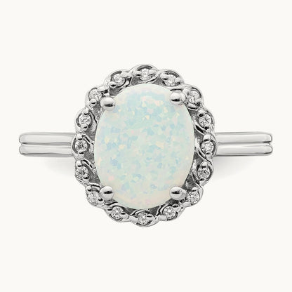 Created Opal and Diamond Halo Ring, 14K White Gold