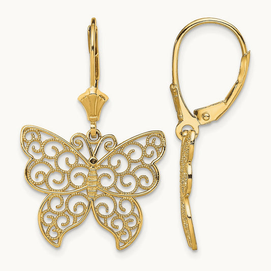 Butterfly w/ Beaded Filigree Wings Leverback Earrings, 14K