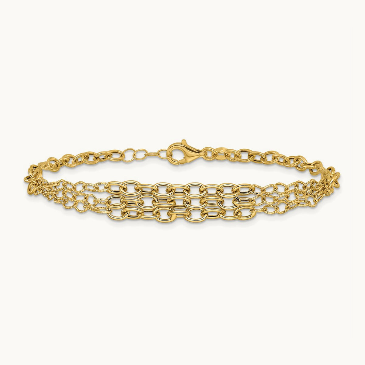 Polished and Textured 3 Layer Fancy w/ .5in ext. Bracelet, 14K