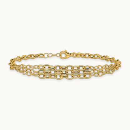 Polished and Textured 3 Layer Fancy w/ .5in ext. Bracelet, 14K