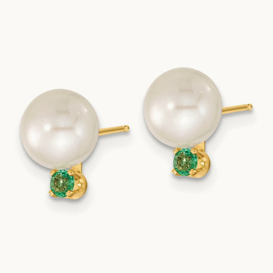 7- White FW Cultured Pearl & Emerald Stud Earrings & Pendant, 8mm, 14K