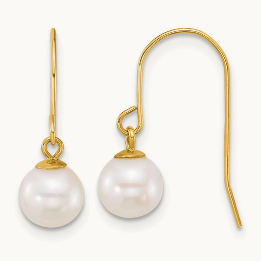 6- Round White Freshwater Culture Pearl Dangle Earrings, 7mm, 14K