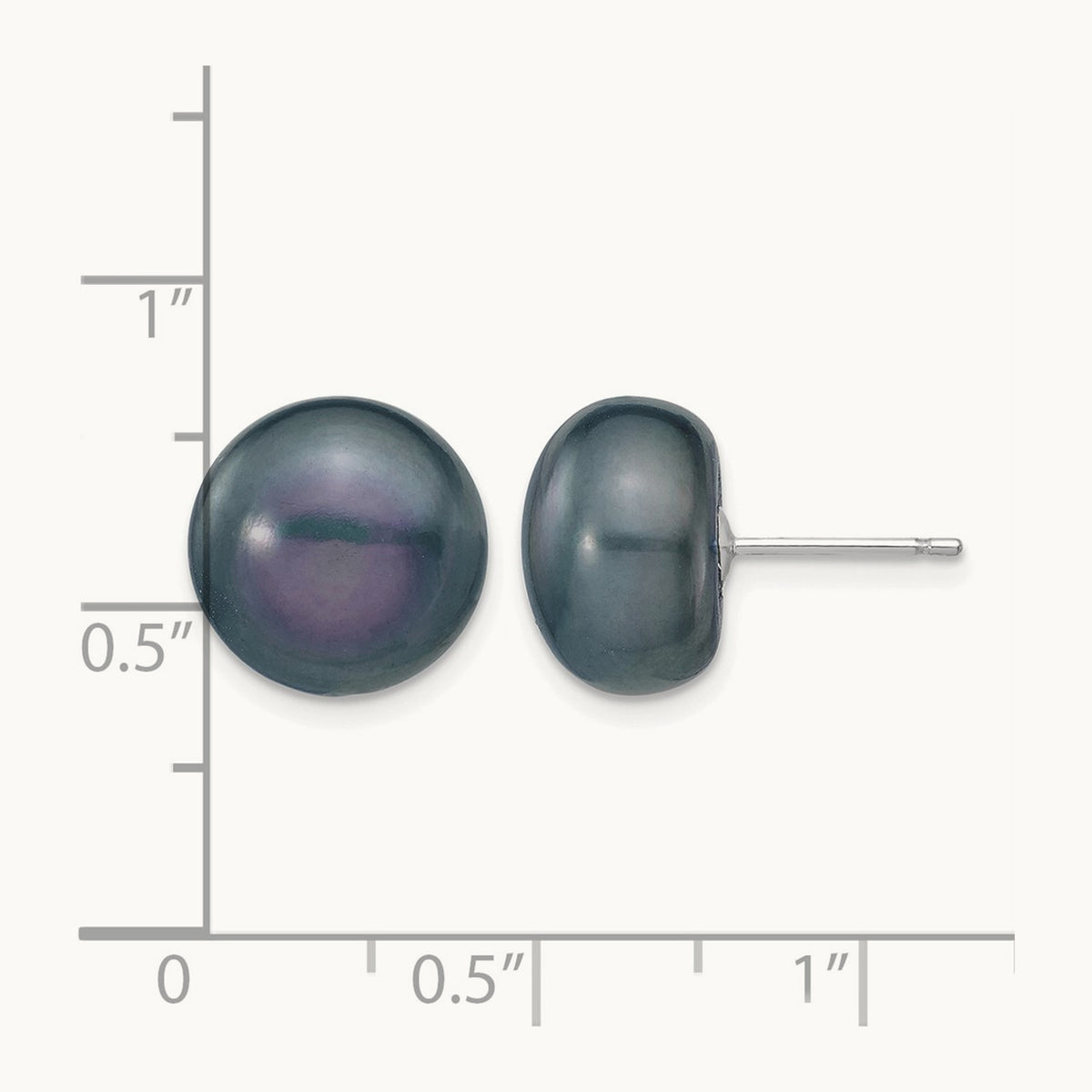 Black Button Freshwater Cultured Pearl Stud Post Earrings — 14K White Gold