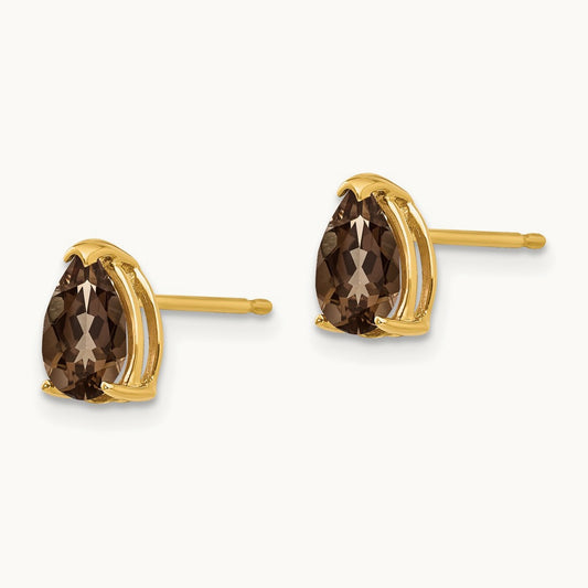 7x5 Pear Checker-Cut Smoky Quartz Earrings, 14K