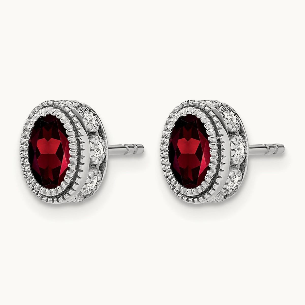 Oval Garnet and Diamond Earrings — 14K White Gold