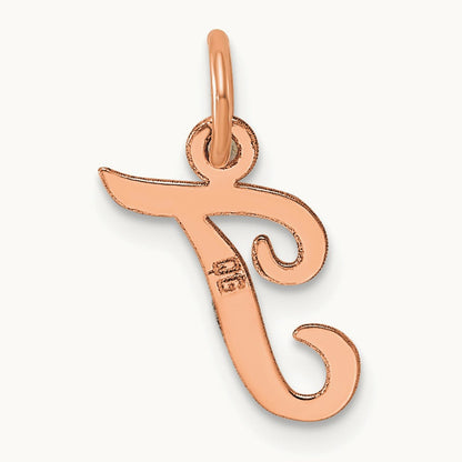 Small Script Letter T Initial Charm, 14K Rose Gold