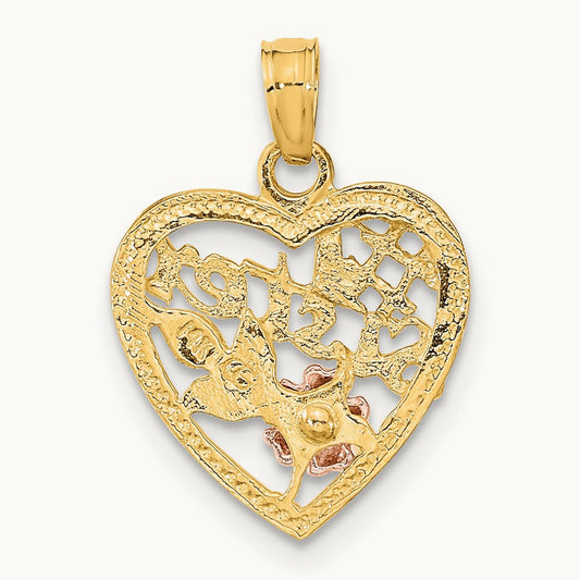 Rhodium #1 SISTER In Heart w/ Flowers Charm, 14K Two-tone White