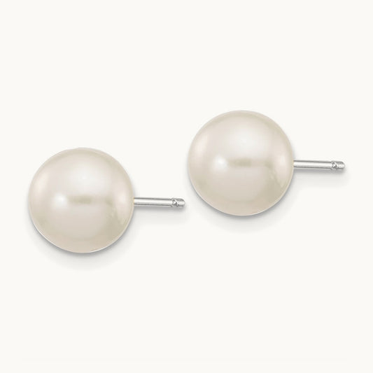 7- White Round FW Cultured Pearl Stud Post Earrings, 8mm, 14K White Gold