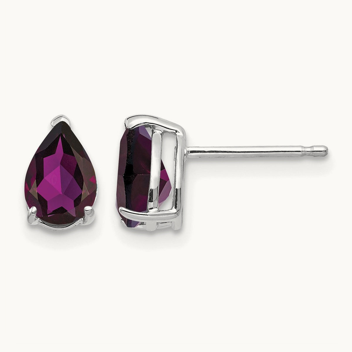 Rhodolite Garnet Pear Stud Earrings, 14K White Gold