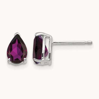 Rhodolite Garnet Pear Stud Earrings, 14K White Gold