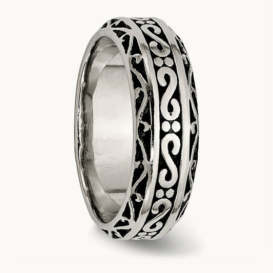 Antiqued and Polished Swirl Design Band, 7mm, Stainless Steel