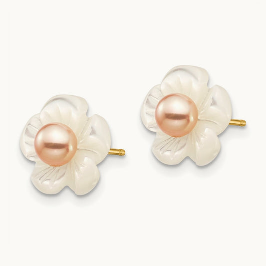 3- Pink FW Cultured Pearl w/10mm MOP Flower Post Earrings, 4mm, 14K