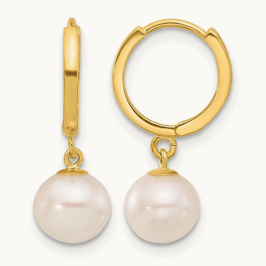 7- Round Freshwater Cultured Pearl Dangle Hoop Earrings, 8mm, 14K