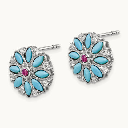 Turquoise/Creat. Ruby/Wht. Topaz Floral Earrings, 14K White Gold