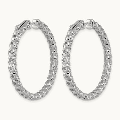 Diamond Round Hoop w/Safety Clasp Earrings, 14K White Gold