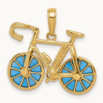 3-D Blue Enameled Moveable Bicycle Pendant, 14K