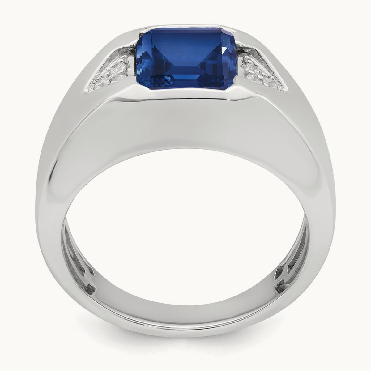 Emerald-cut Created Sapphire and Lab-Grown Diamond Men's Ring — 14K White Gold