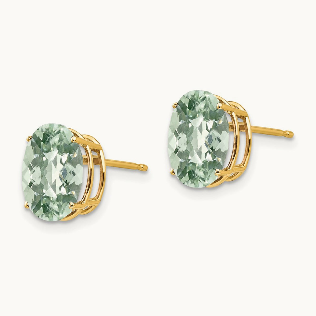 10x8 Oval Checker-Cut Green Quartz Earrings — 14K Yellow Gold