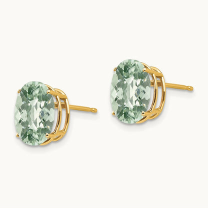 10x8 Oval Checker-Cut Green Quartz Earrings — 14K Yellow Gold
