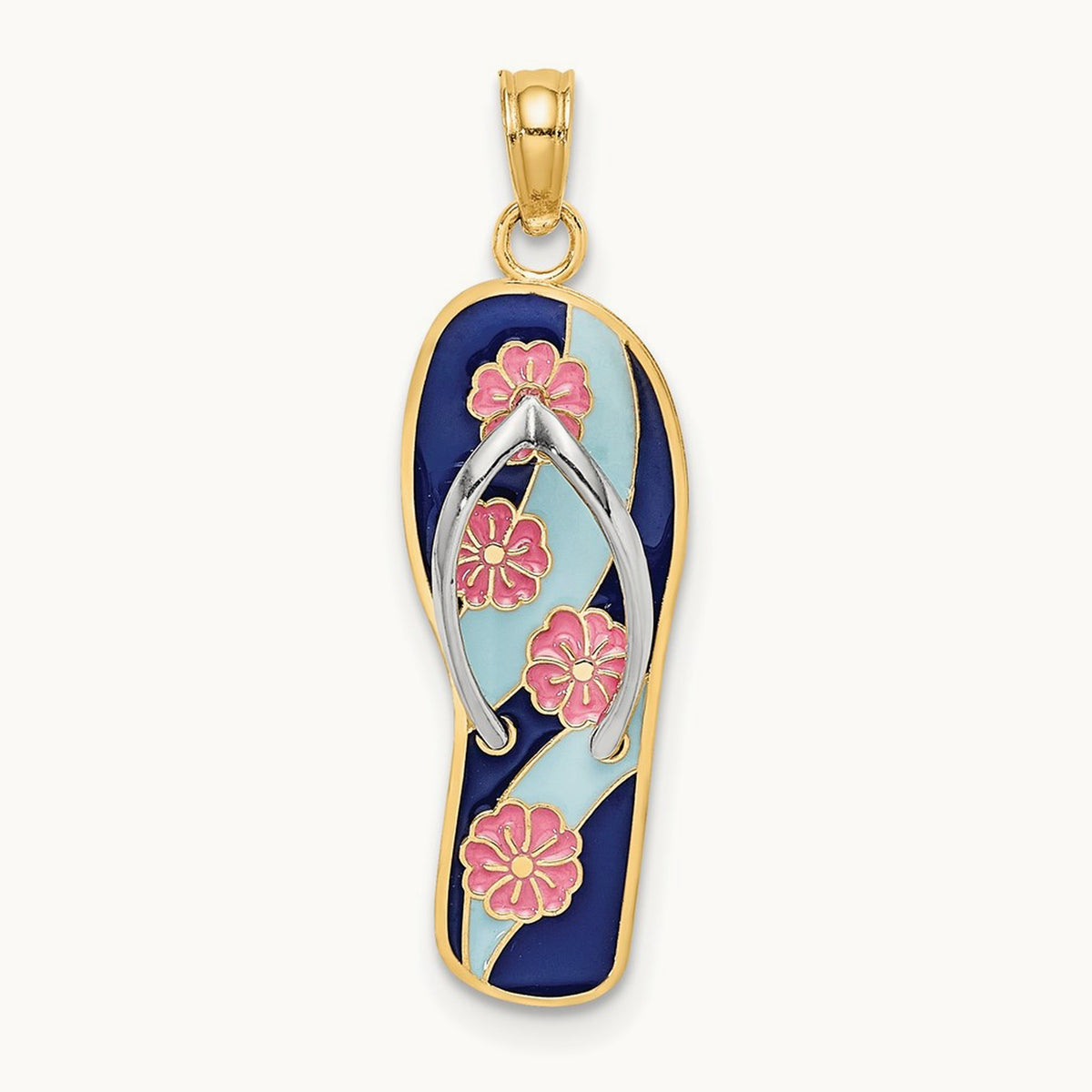 Rhodium 3D Enamel Pink Flowers On Blue Stripes Flip-Flop Charm, 14K