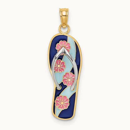 Rhodium 3D Enamel Pink Flowers On Blue Stripes Flip-Flop Charm, 14K