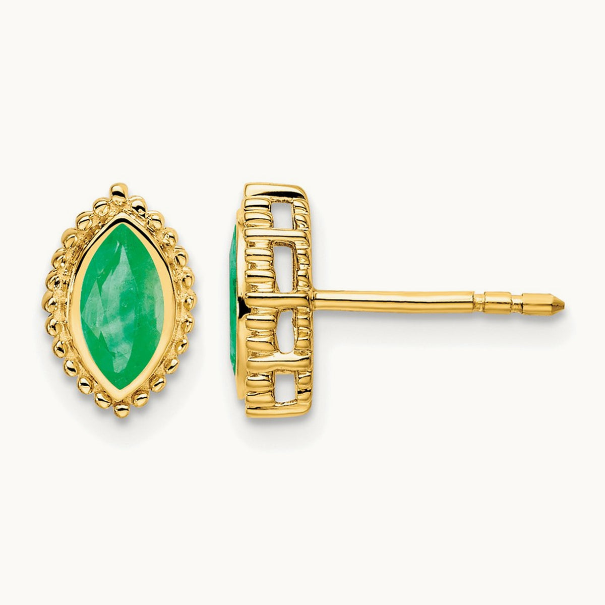 Marquise Emerald Post Earrings — 14K Yellow Gold