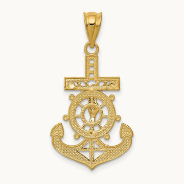 w/Rhodium Diamond-cut Mariners Crucifix Pendant, 14K