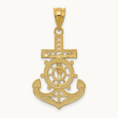 w/Rhodium Diamond-cut Mariners Crucifix Pendant, 14K