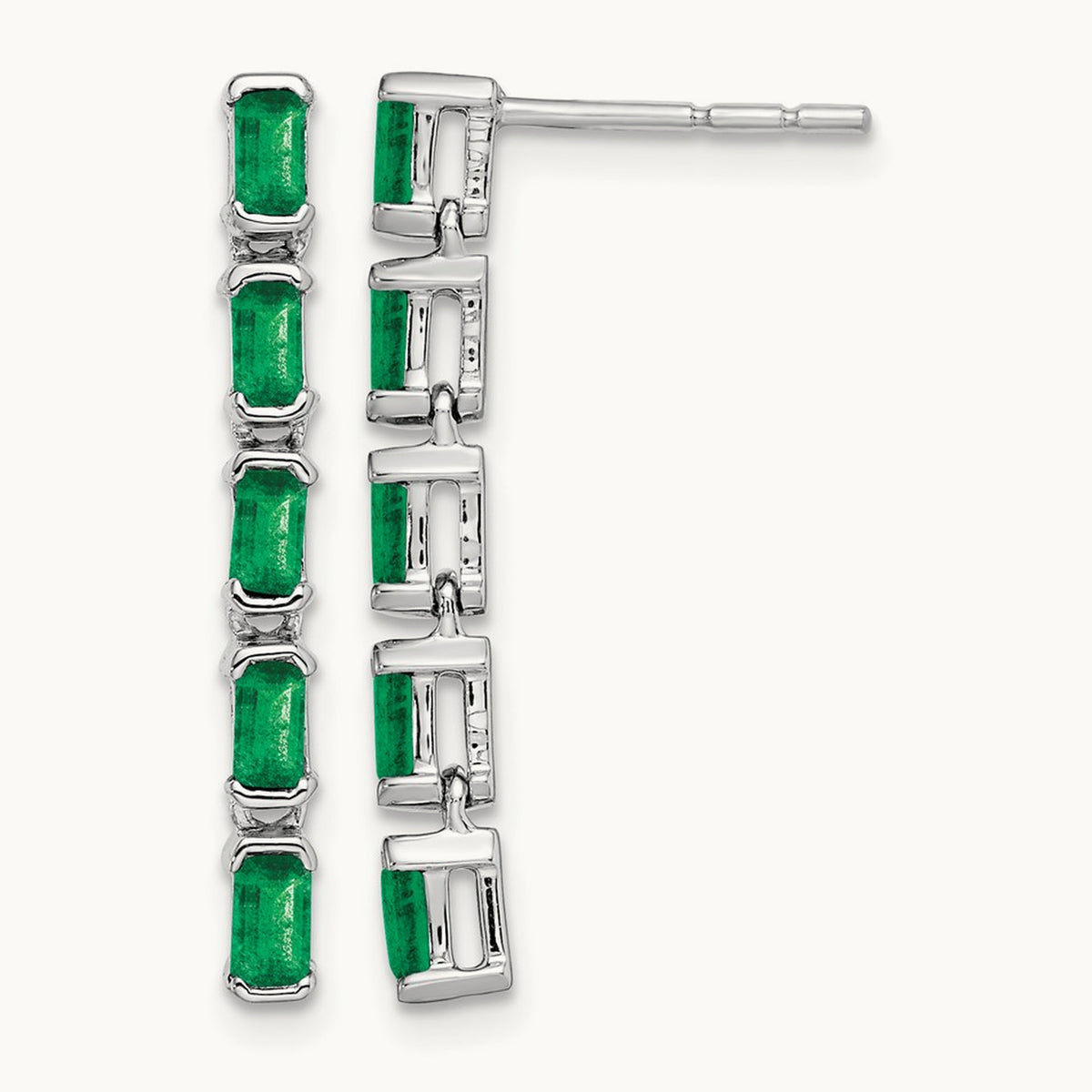 Emerald 5-stone Dangle Earrings, 14K White Gold