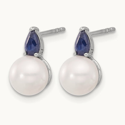 FWC Pearl and Sapphire Post Earrings, 14K White Gold