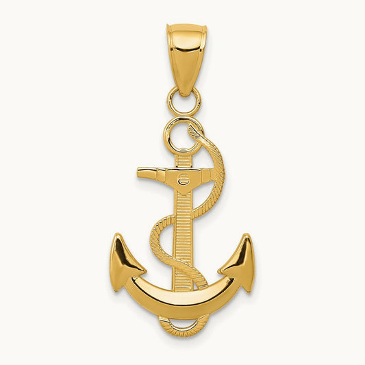 Polished Anchor with Textured Rope Pendant — 14K Yellow Gold