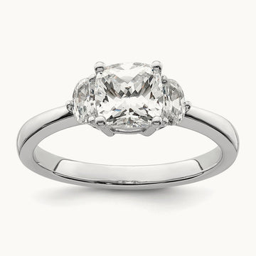 3 Stone Half Moon/Cushion Semi-Mount Dia Ring, 14K White Gold