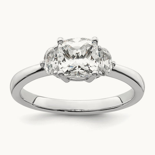 3 Stone Half Moon/Cushion Semi-Mount Dia Ring, 14K White Gold