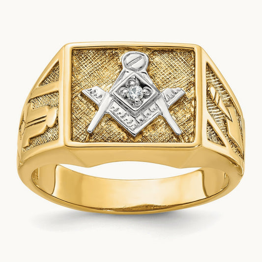 w/ White RH IBGoodman Textured Diamond Blue Lodge Masonic Ring, 14K