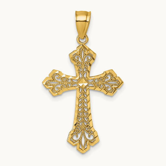 Polished Diamond-cut Filigree Textured Fancy Cross Pendant, 14K