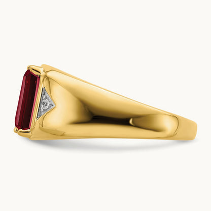 Emerald-cut Created Ruby and Diamond Polished Mens Ring, 14K