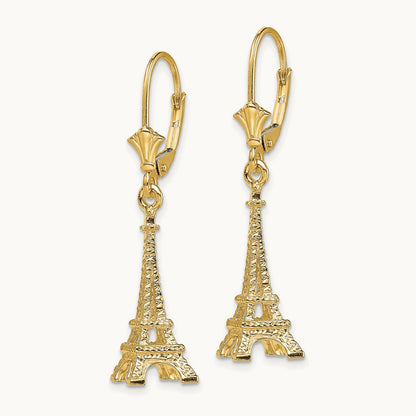 3-D Eiffel Tower Leverback Earrings, 14K