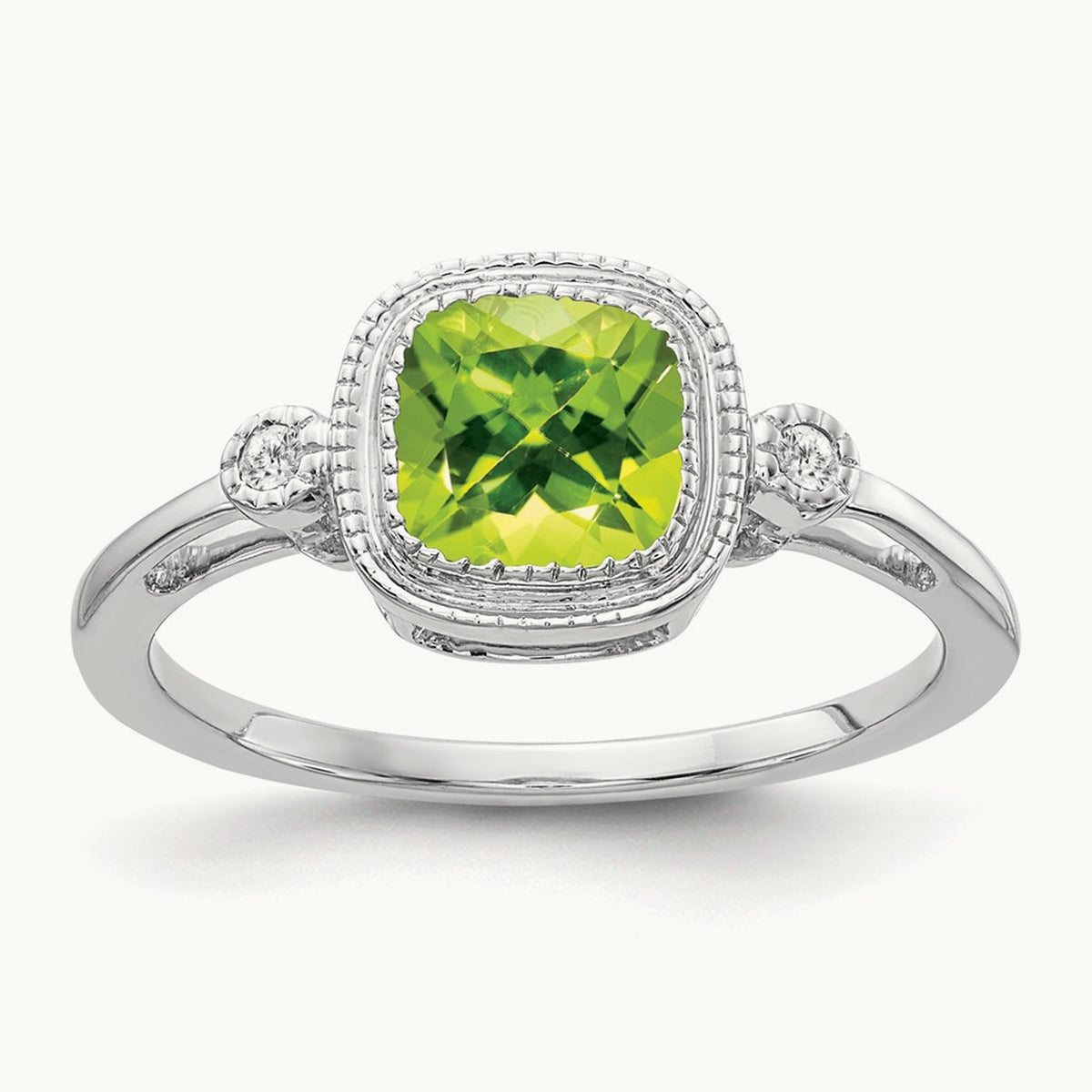 Cushion Peridot and Diamond Ring — 14K White Gold, 7